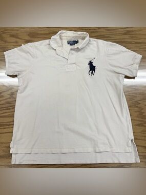 Vintage Polo Ralph Lauren Rugby Shirt White Big Pony Blue - 24 x 26 - Old Tag